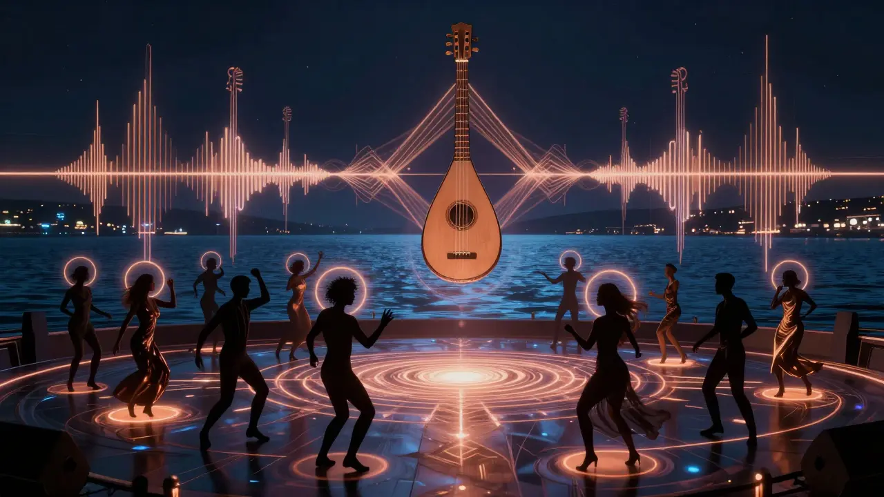 Surreal nightclub scene on Bosphorus shore where traditional Turkish music blends with electronic beats.