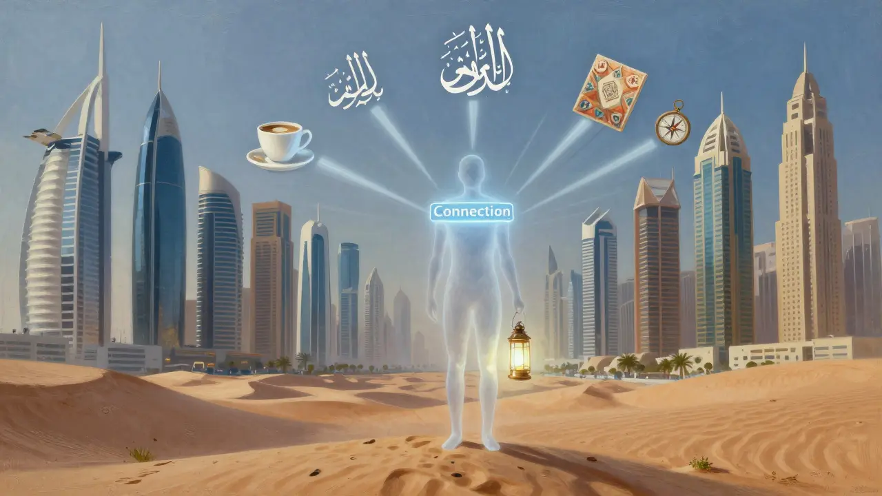 Symbolic image of Dubai's contrasts with a glowing lantern representing human connection amid cultural elements.