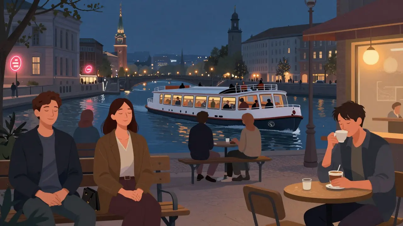 Three individuals alone but at peace in different Berlin settings—museum, boat, café.