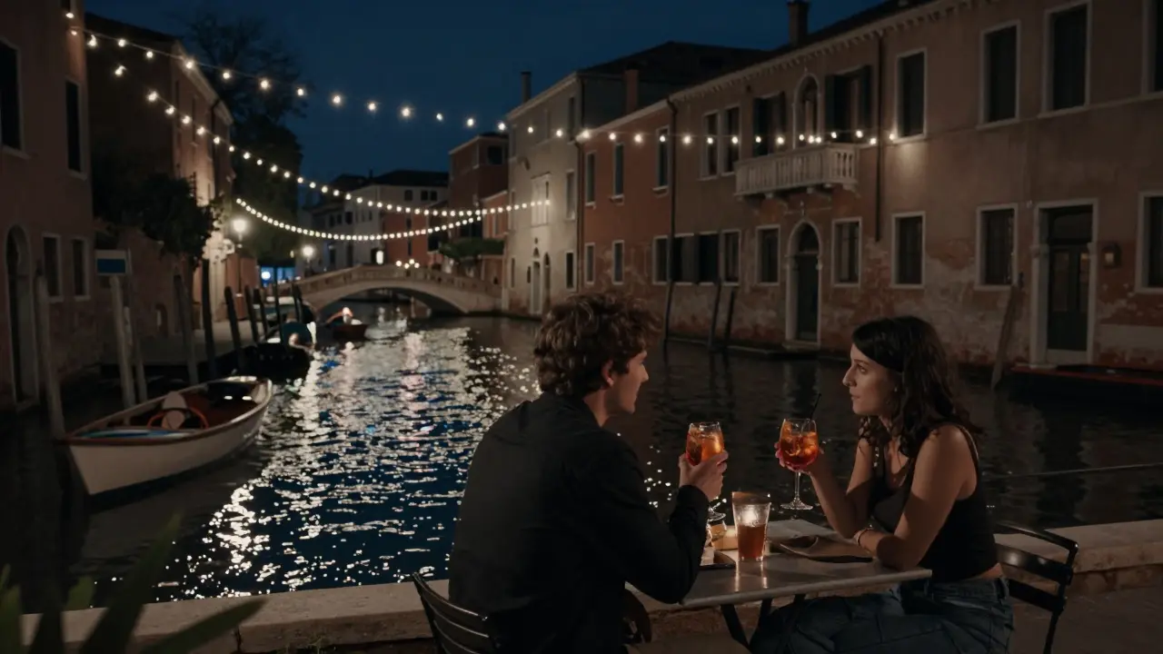 Two people enjoy Aperol spritzes by the glowing canals of Navigli, bathed in soft nighttime lights.