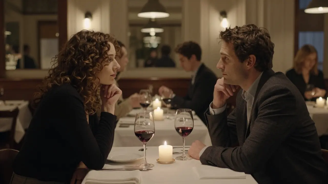 Two people having a respectful dinner conversation in a quiet London restaurant.