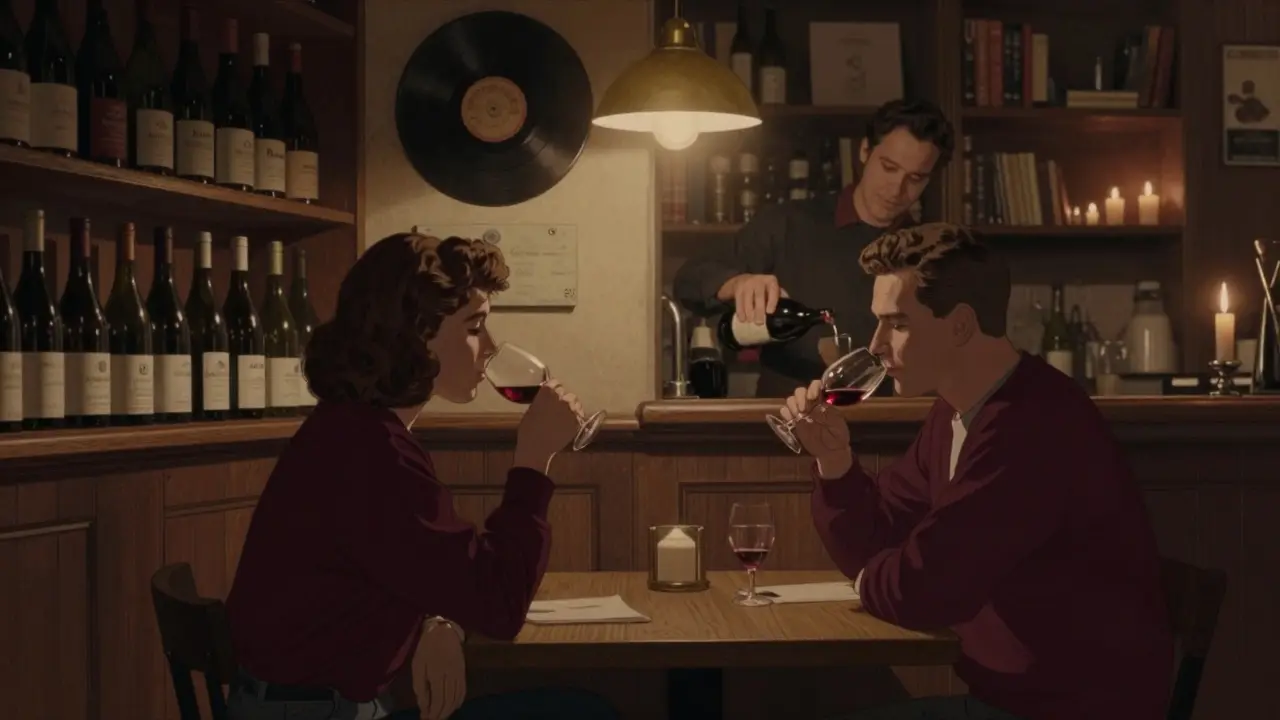 Two people share a glass of wine in a cozy, dimly lit Parisian wine bar with wooden shelves and vintage records.