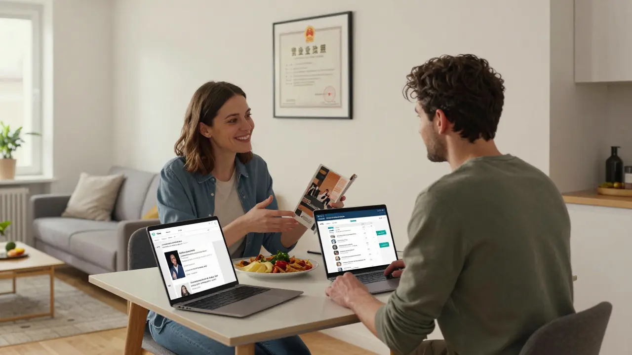 Two people share a meal in a Berlin apartment, with verified service profiles visible on a laptop.