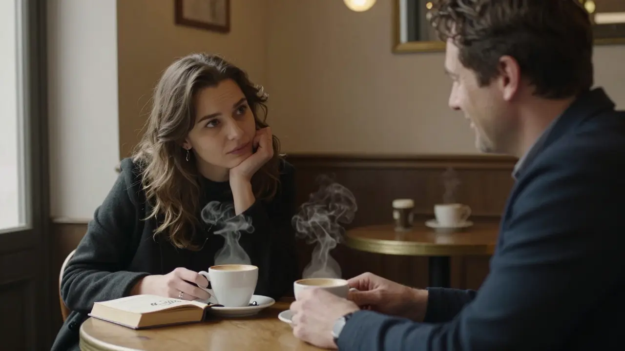 Two people share a quiet coffee in a Mitte café, a book open on the table between them.