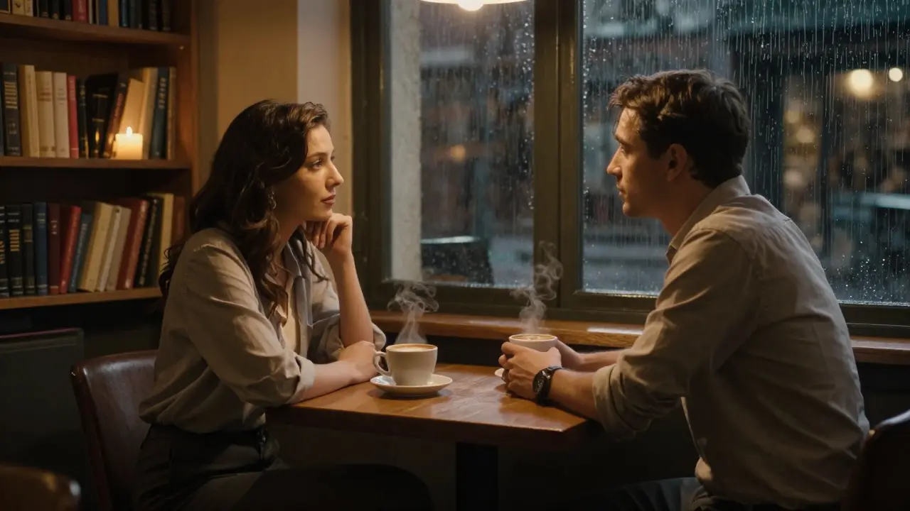 Two people share coffee in a dimly lit Parisian café at midnight, lost in quiet conversation.