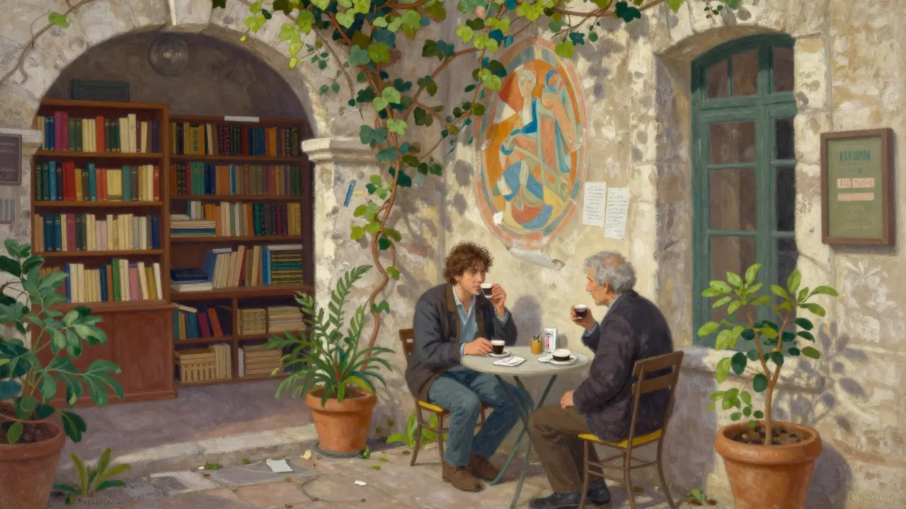 Two people share espresso in a quiet Montmartre courtyard surrounded by books and ivy.