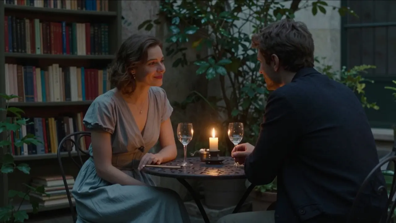 Two people sit in a candlelit garden courtyard in Paris, sharing conversation over wine.
