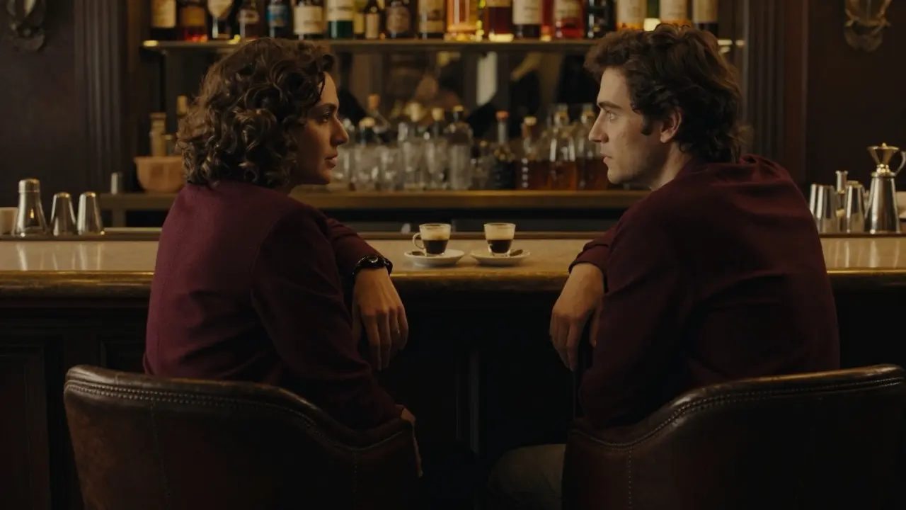 Two people sit quietly in a dim Milan bar, sharing a moment of stillness and eye contact over an espresso, warm lighting enhancing the intimacy.