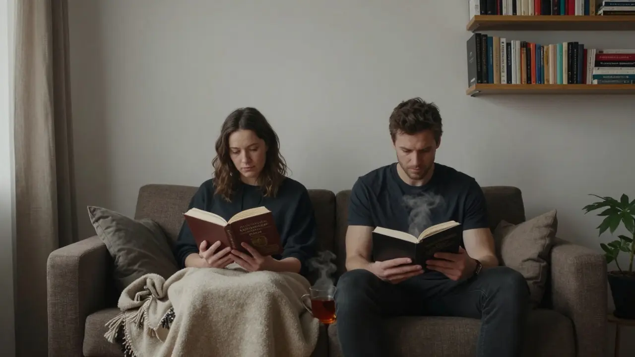 Two people sit quietly reading together on a sofa, natural light streaming through curtains.