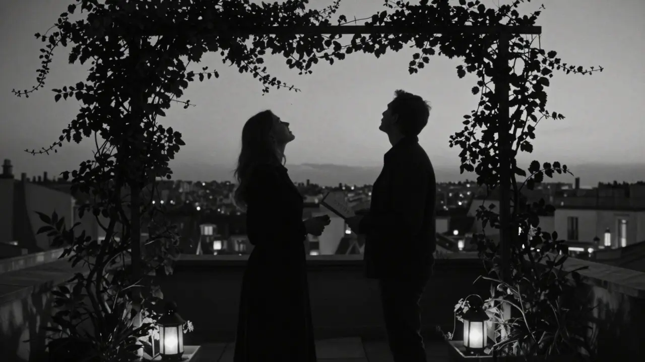Two silhouettes stand in a hidden Paris rooftop garden at twilight, surrounded by lanterns and vines, sharing quiet moments.