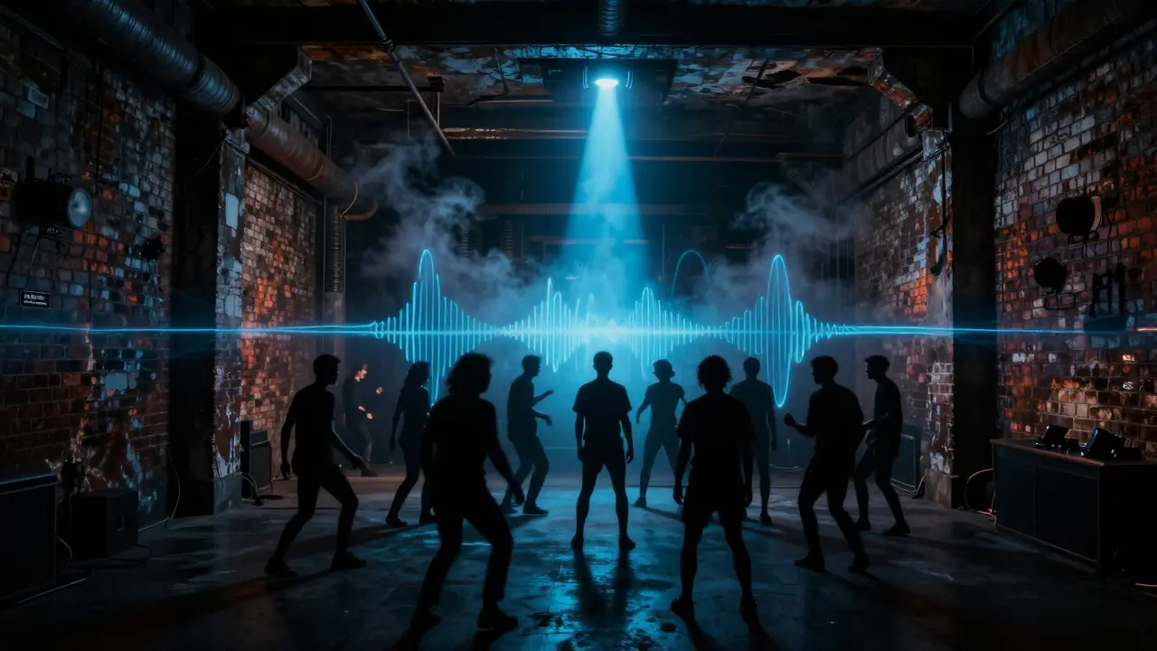 Underground club scene with pulsing neon light and silhouetted dancers in an industrial space.