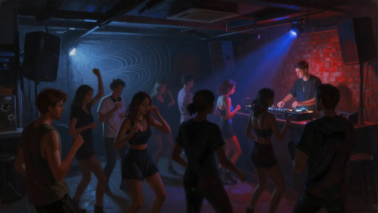 Underground club with pulsing lights and dancers moving to techno music in a raw, dim space.