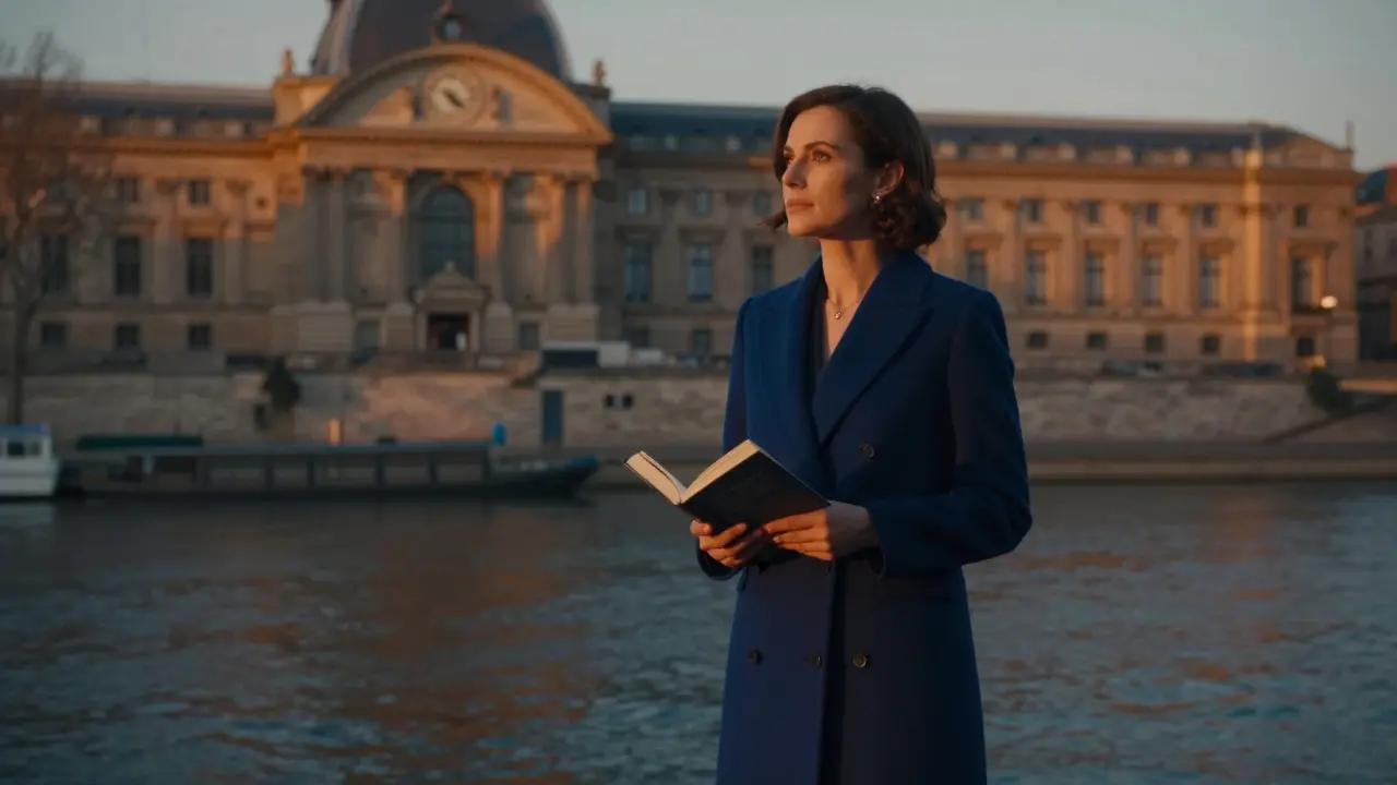Woman standing alone on Seine riverbank at sunset, holding a book