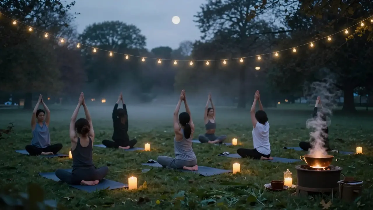 Yoga session at night under string lights with herbal tea and misty park backdrop.