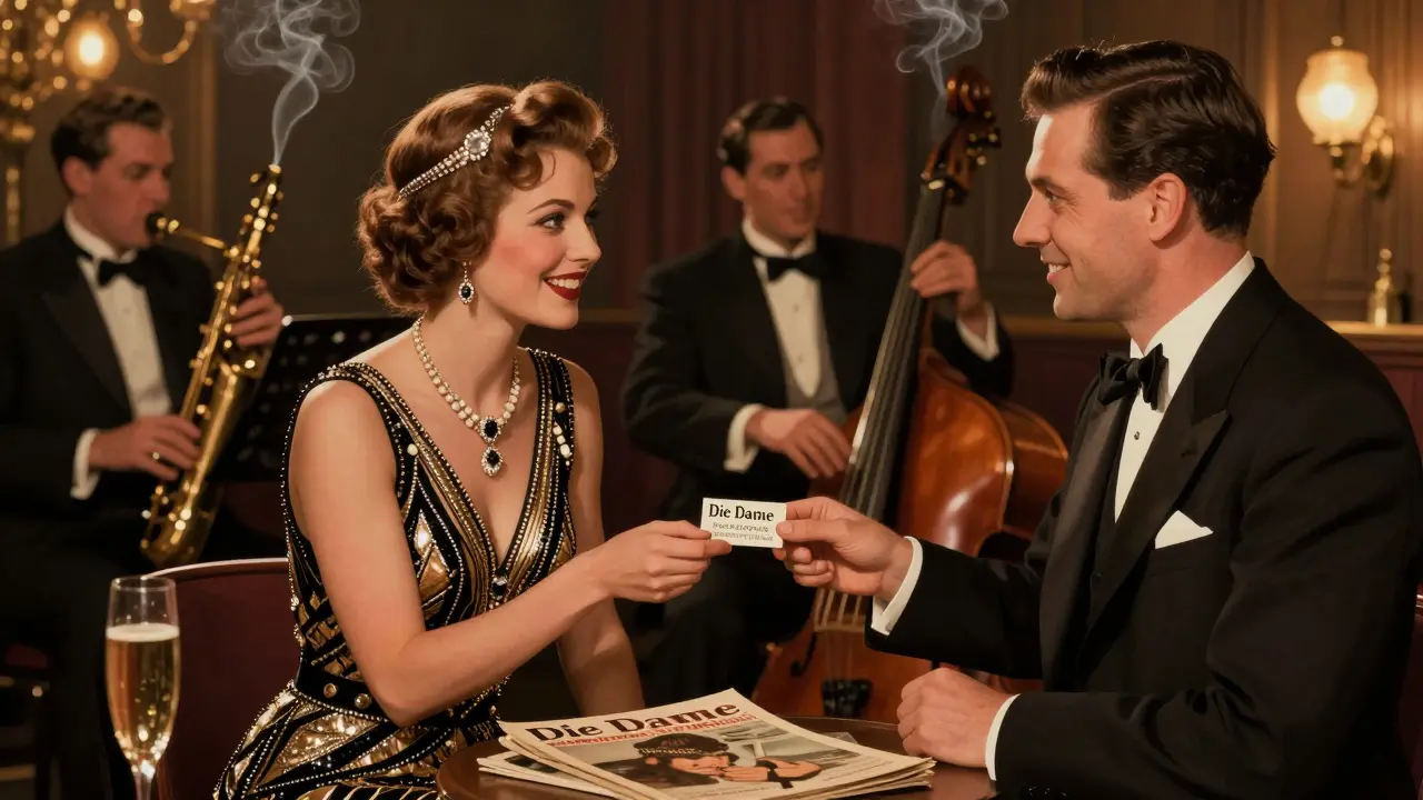 1920s Berlin nightclub scene with jazz band and woman handing out a discreet business card.