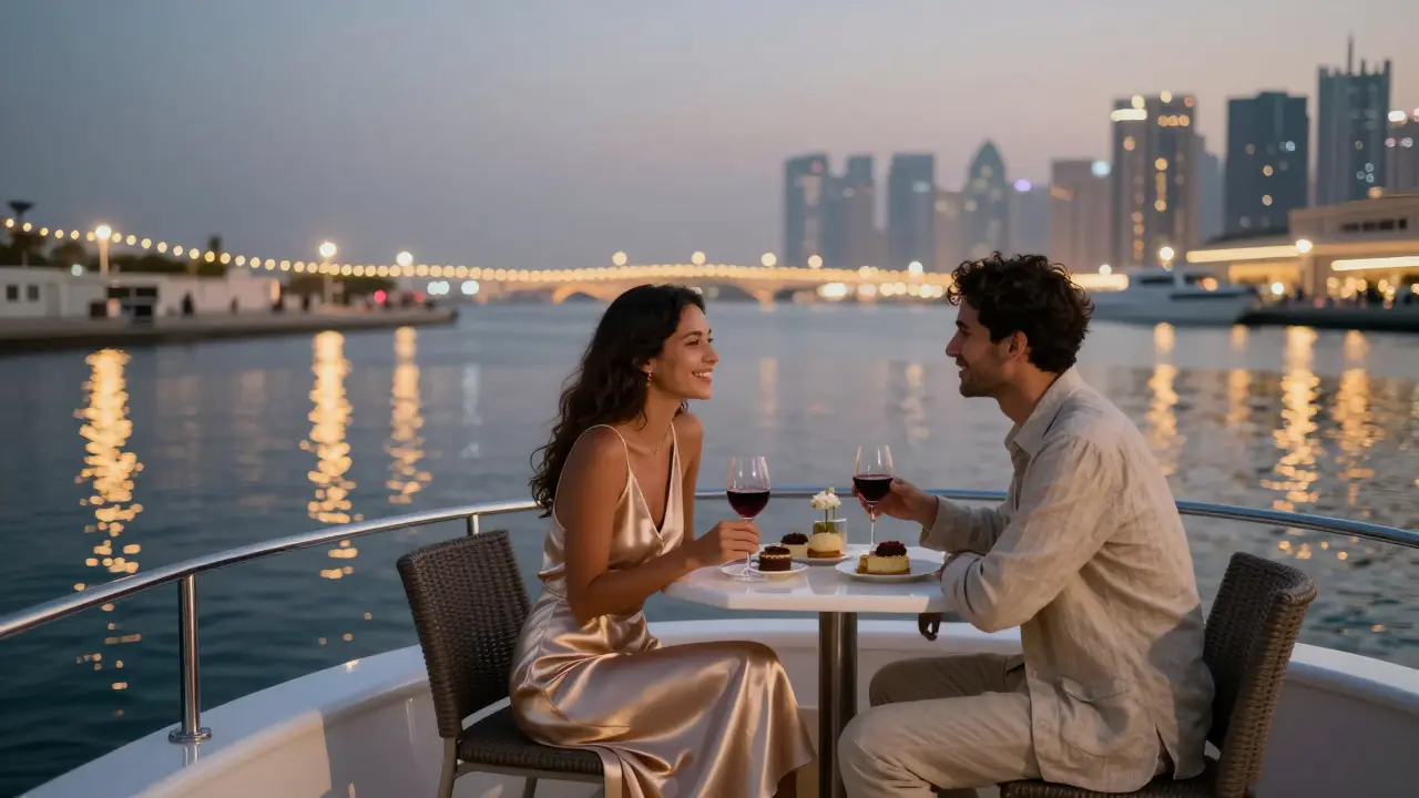 A couple enjoying a private yacht cruise at twilight in Dubai Marina, bathed in soft golden lights.