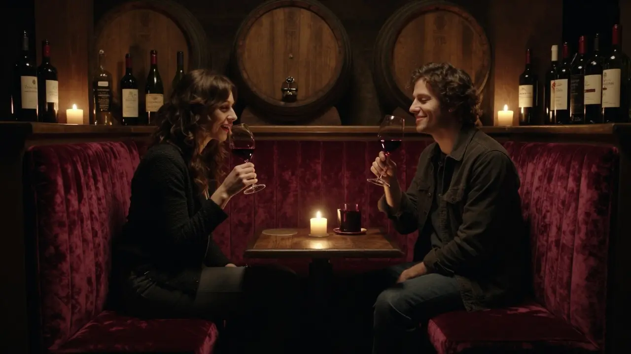 A couple enjoying wine in a candlelit 17th-century Parisian cellar, surrounded by oak barrels.