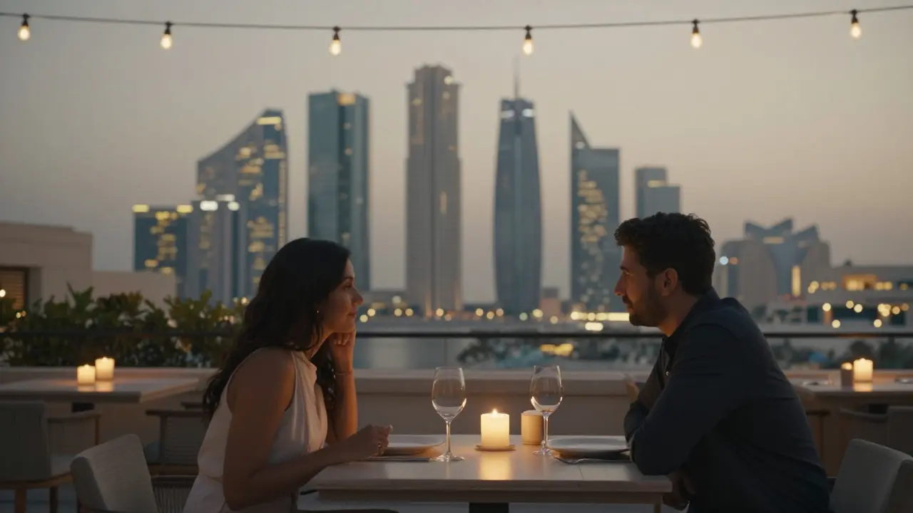 A couple shares a silent dinner on a rooftop in Abu Dhabi, city lights glowing behind them.