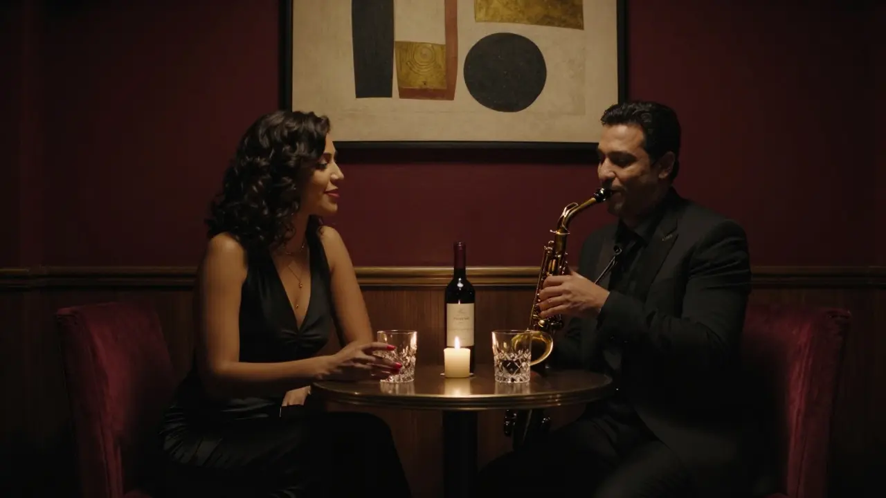 A couple sharing a quiet moment in a dimly lit jazz lounge with soft candlelight and jazz music.