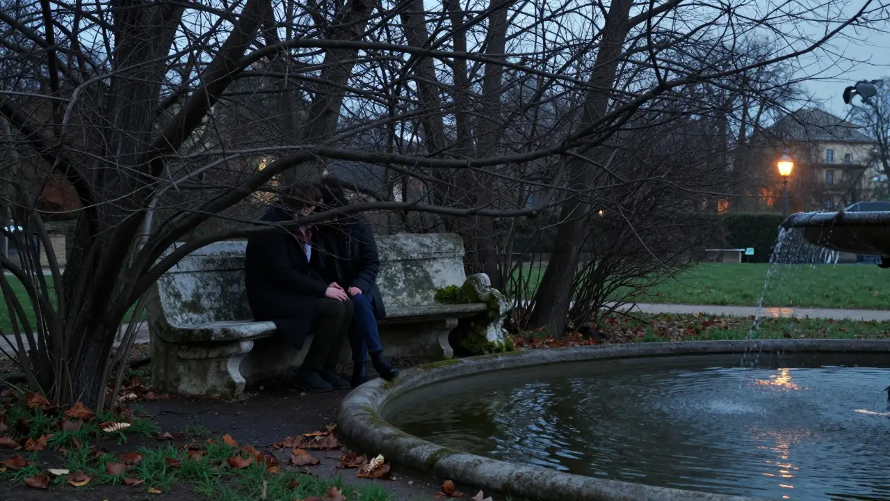 A couple sitting near the Medici Fountain in Luxembourg Garden, hands touching, bare trees and trickling water creating a peaceful atmosphere.