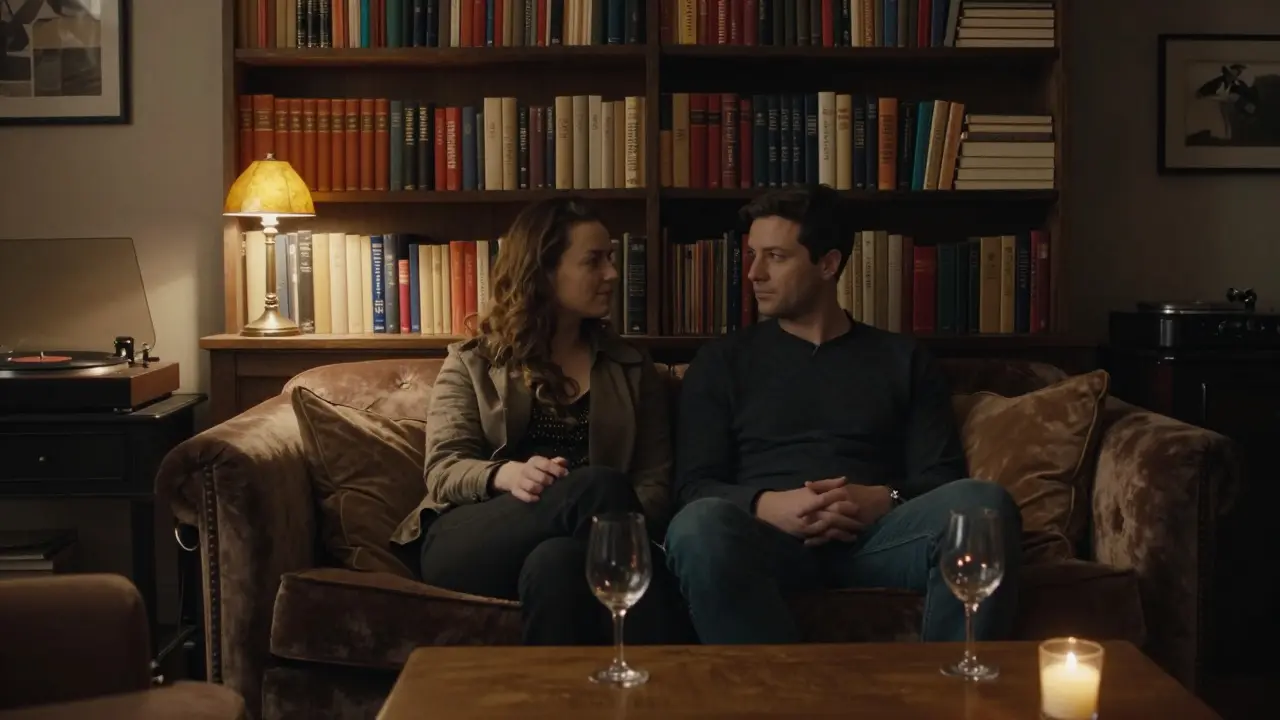 A couple sitting quietly on a velvet sofa beside a bookshelf in a cozy Parisian apartment, soft lamp light glowing.