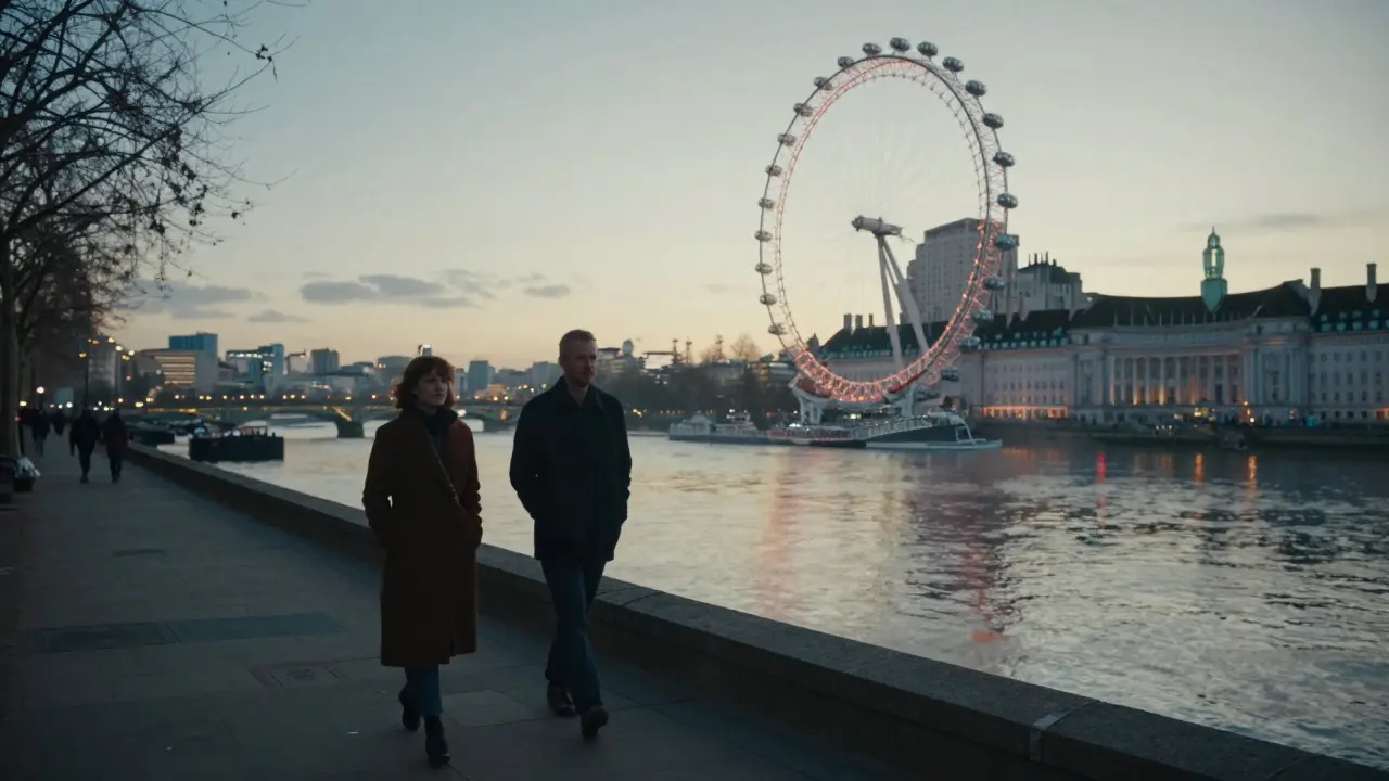 A couple walking peacefully along the Thames at sunset, London Eye glowing in the distance.