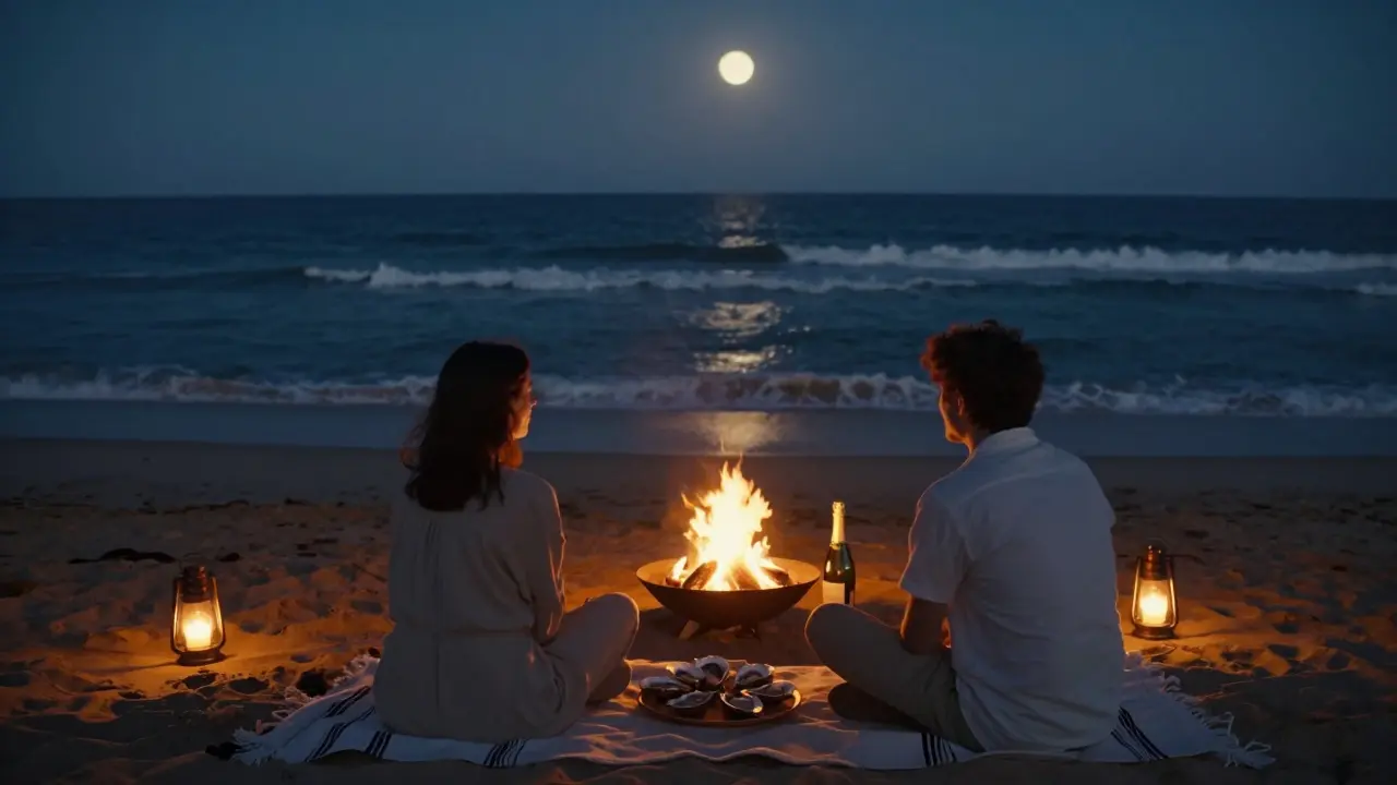 A couple wrapped in a blanket by a fire pit on a moonlit beach with ocean waves nearby.