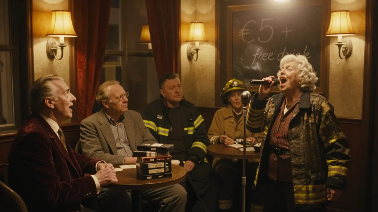 A cozy, dimly lit Parisian karaoke bar with diverse regulars singing together, vintage decor and a chalkboard with price.