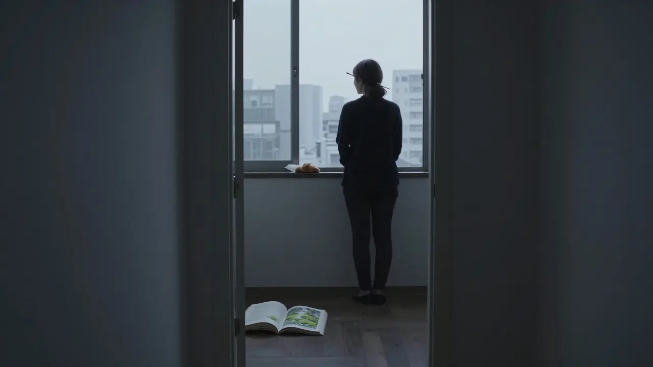 A croissant and open book rest on a Paris doorway at dawn, hinting at a quiet, meaningful encounter.