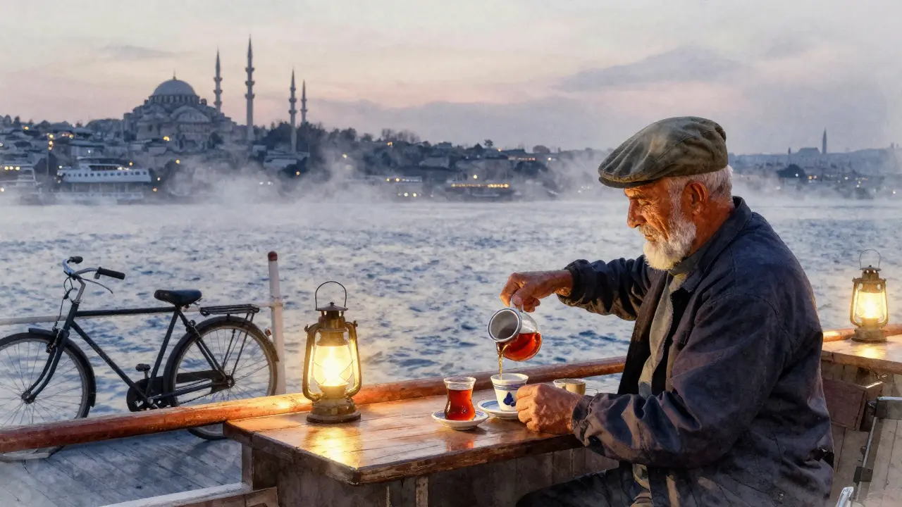 A floating bar on a retired fishing boat at dusk, with oil lamps and the Istanbul skyline across the water.