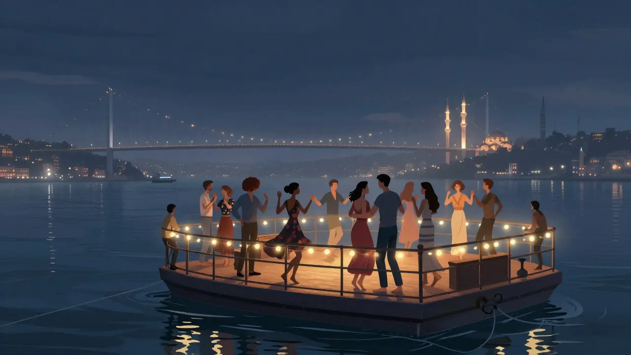 A floating bar on the Bosphorus at night, people dancing under city lights and the bridge glow.