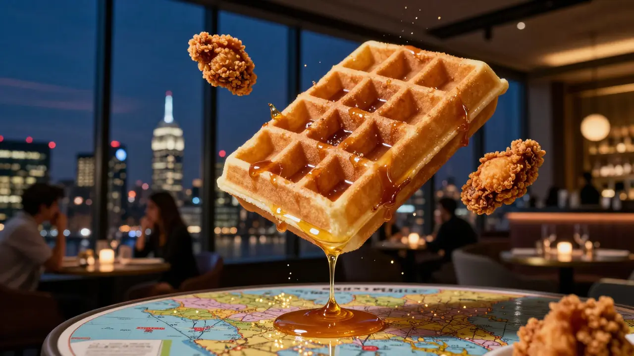 A floating waffle with fried chicken above London's skyline at Duck &amp; Waffle, night lights below.