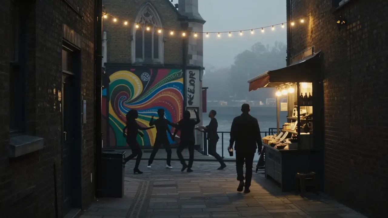A hidden alleyway leading to a vibrant late-night venue with string lights and diverse dancers.