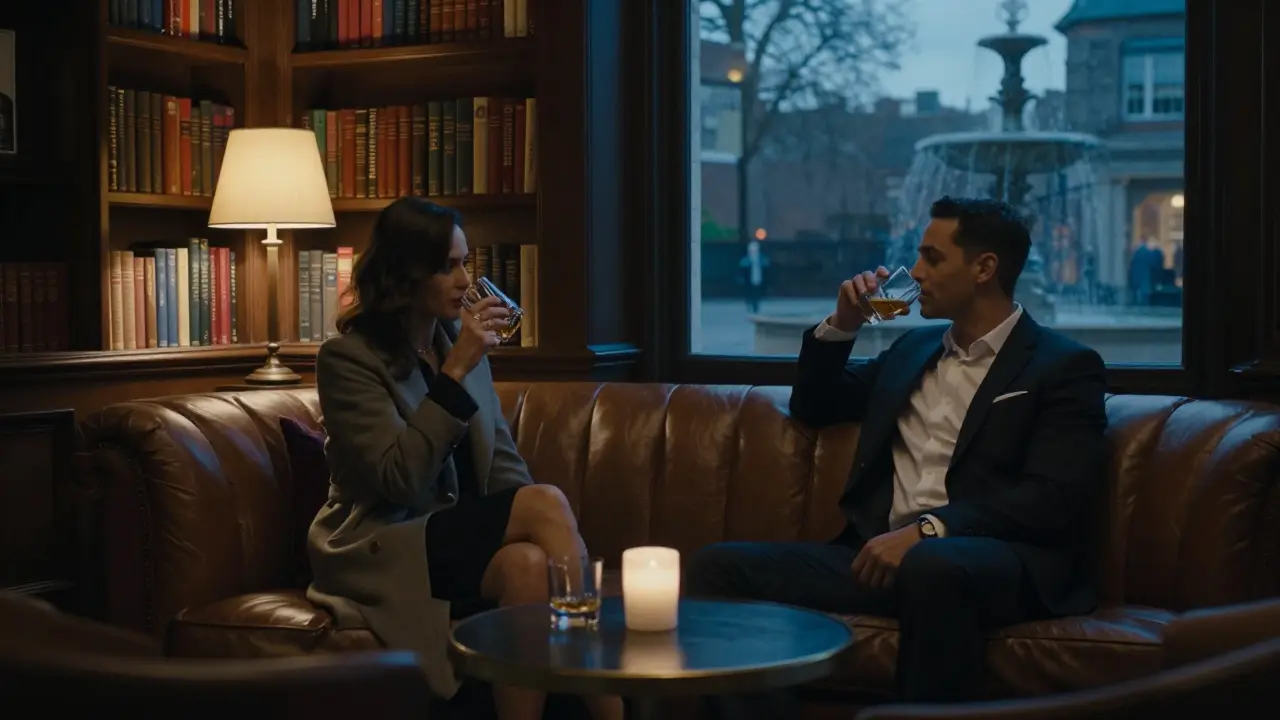 A man and woman in a sophisticated Mayfair lounge, sharing a drink in quiet company.