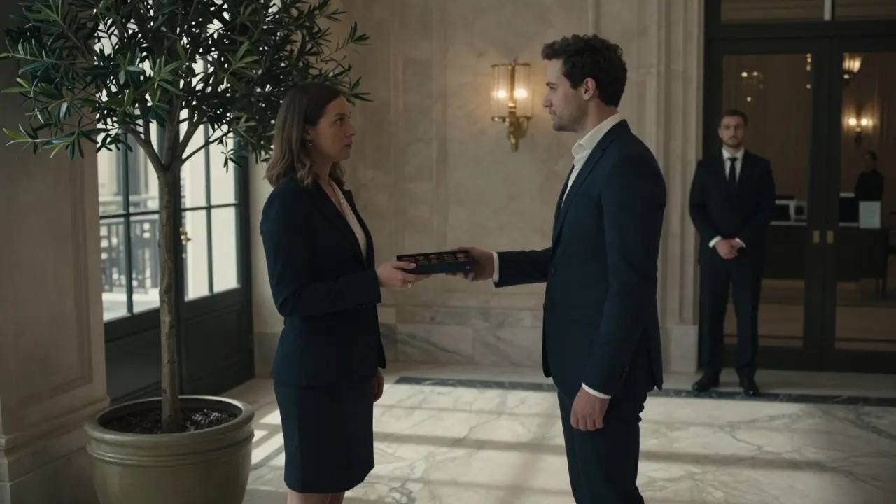 A man offering chocolates to an escort in a luxury building lobby, their body language calm and respectful.