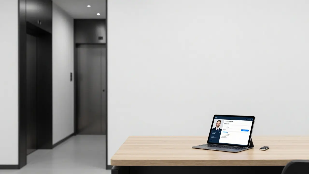 A minimalist agency office with a tablet showing a client profile and a bank transfer confirmation.