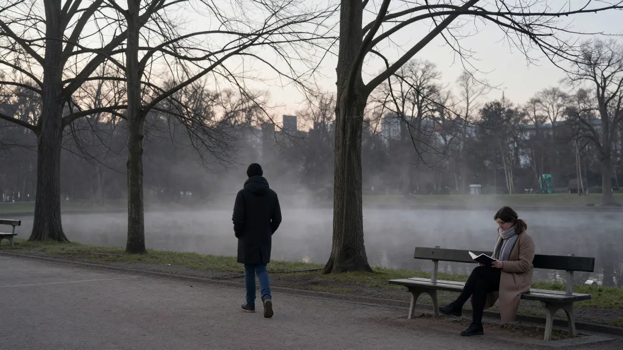 A person walking alone in a misty Berlin park while another reads quietly on a bench.
