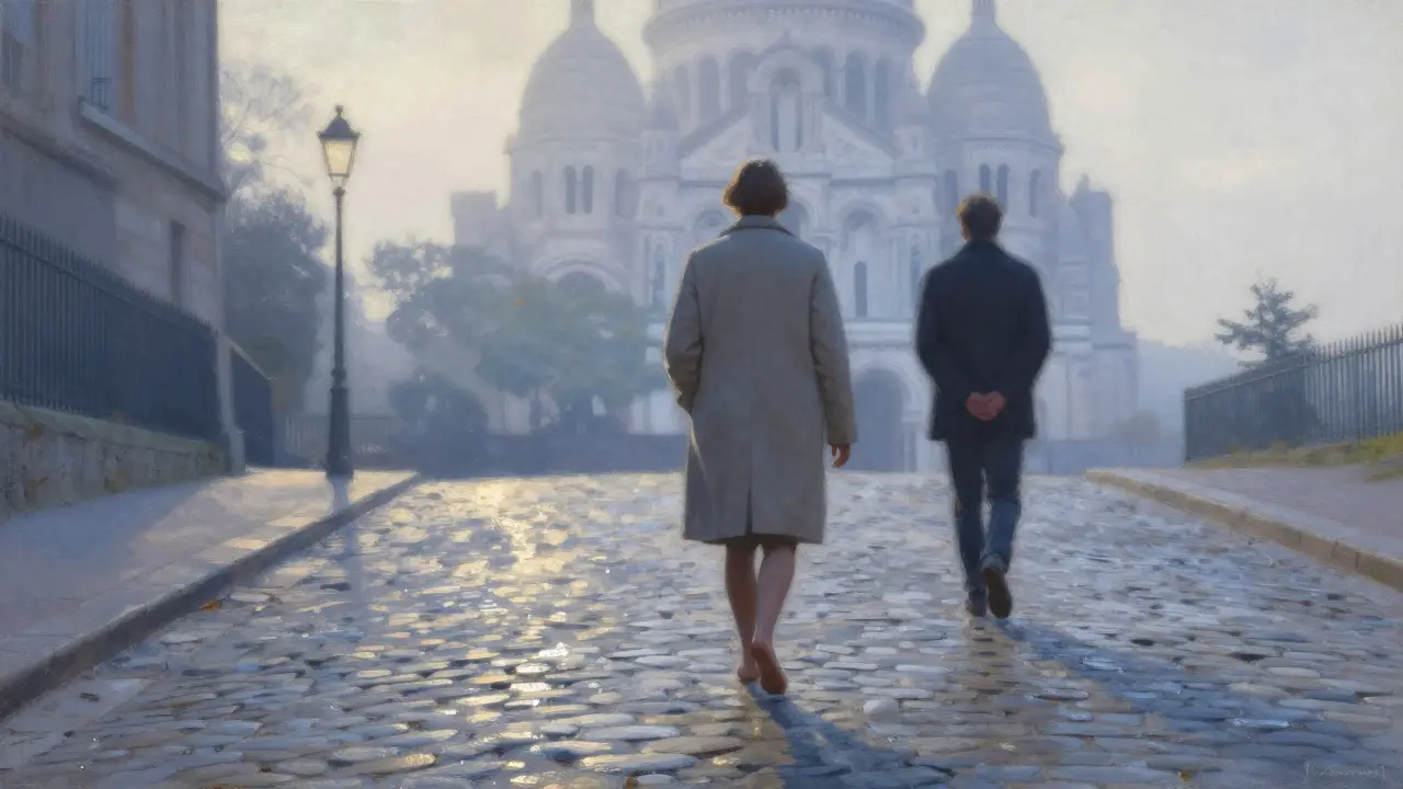 A person walking barefoot on dewy Montmartre cobblestones at dawn, with a companion nearby.