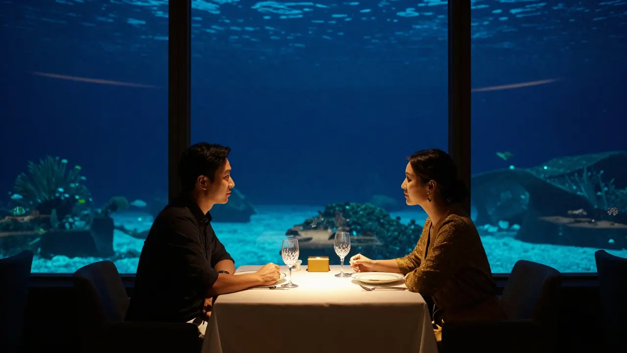 A private underwater dining table at Al Mahara, softly lit by ocean glow, with two people sharing a quiet meal.