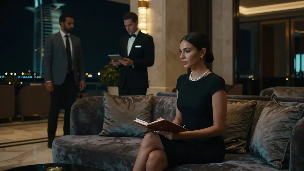A professional companion waiting calmly in the luxurious lobby of Burj Al Arab, dressed elegantly.