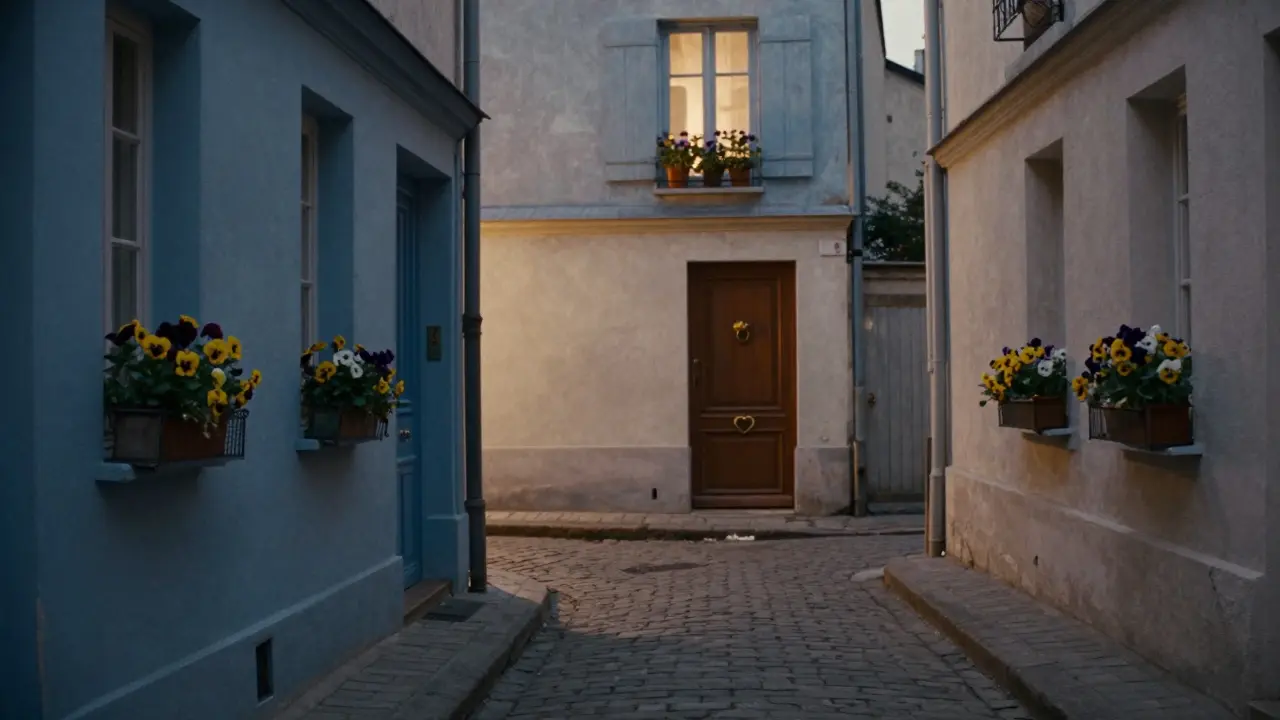 A quiet cobblestone alley in Montmartre with a heart-shaped knocker on a small door, winter flowers and fading light, no people visible.