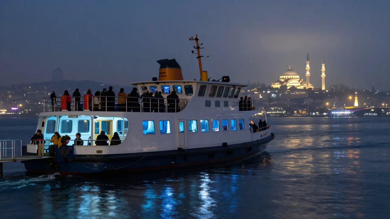 A quiet midnight ferry glides across the Bosphorus, reflecting city lights and minarets on the water.