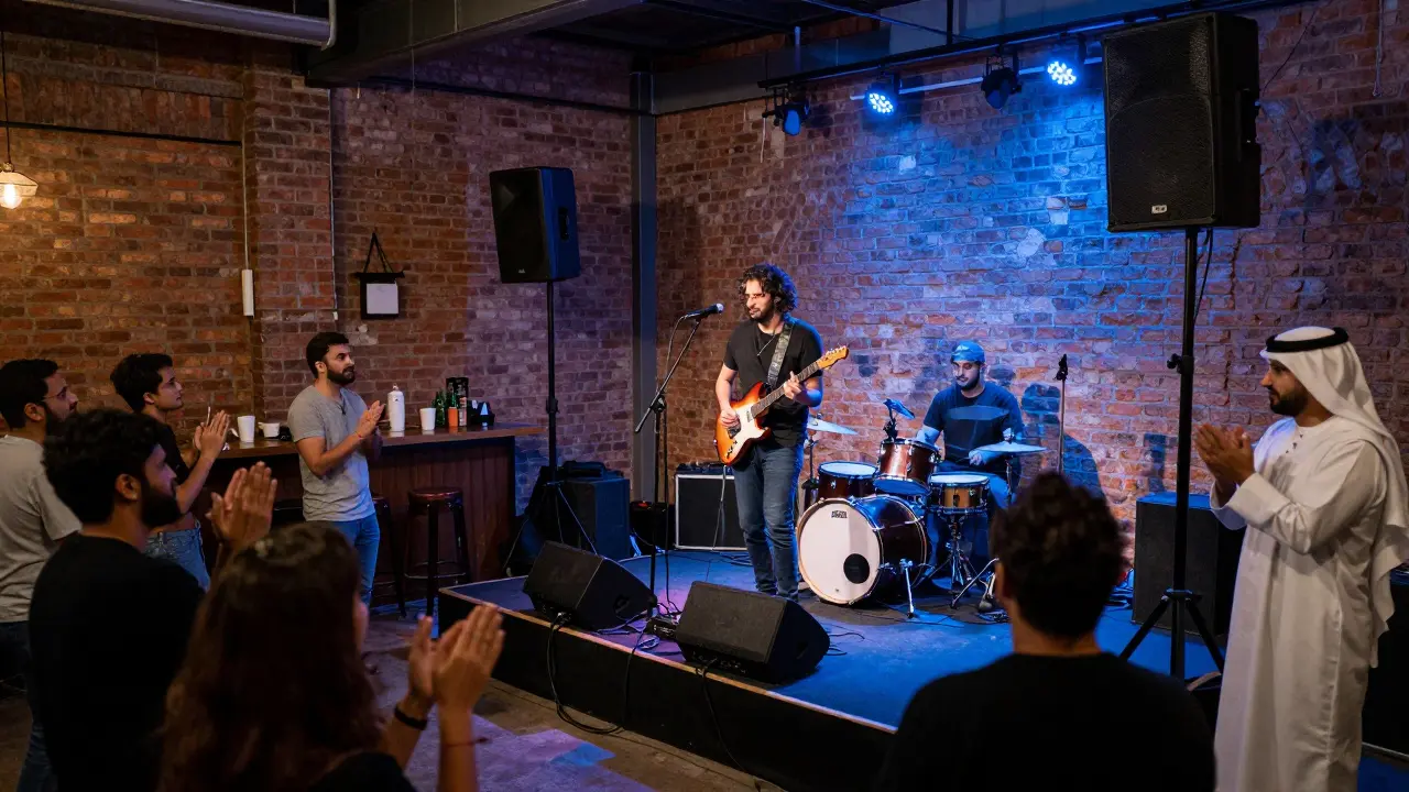 A rock band performs live in a warehouse venue with an intimate crowd clapping along.