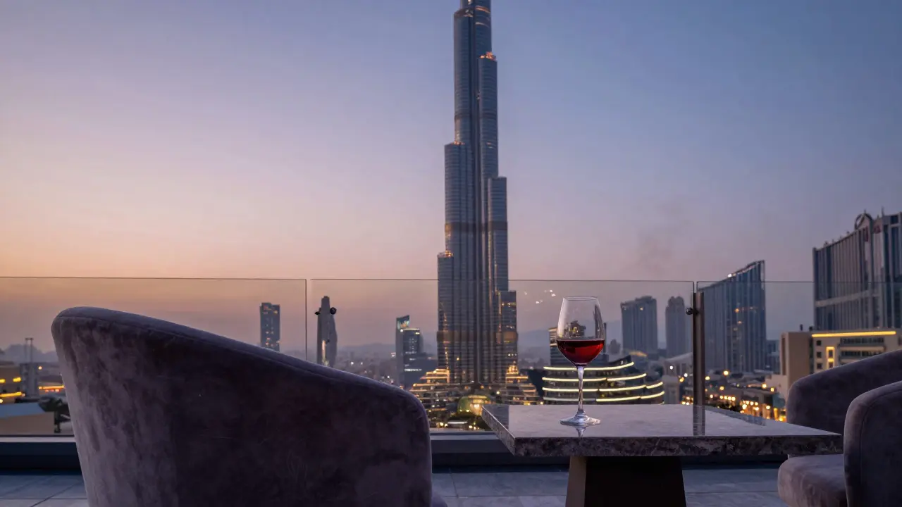 A serene rooftop terrace with a glass of wine and the Burj Khalifa glowing in the twilight.