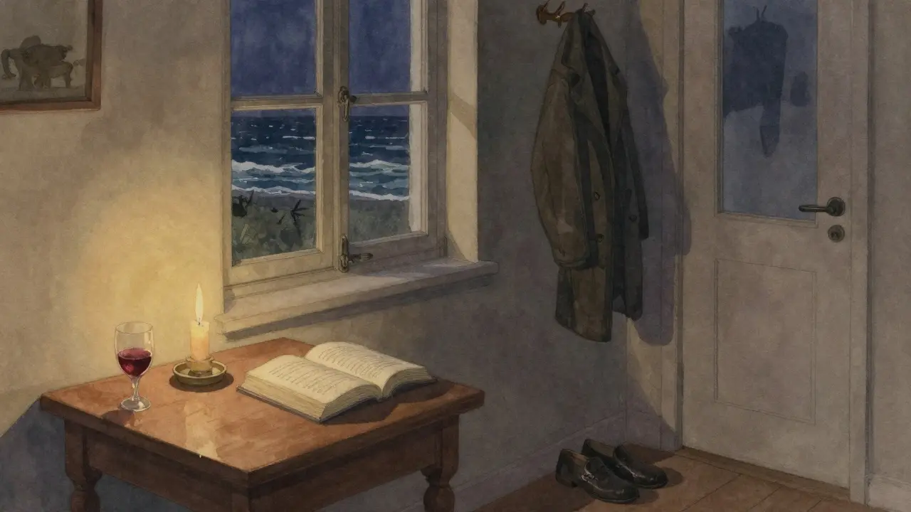 A softly lit room at night with a candle, book, and open window overlooking the sea.