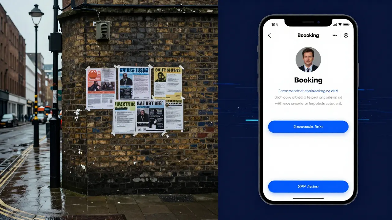 A split view contrasting 2000s street flyers with modern smartphone booking apps in London's escort industry.