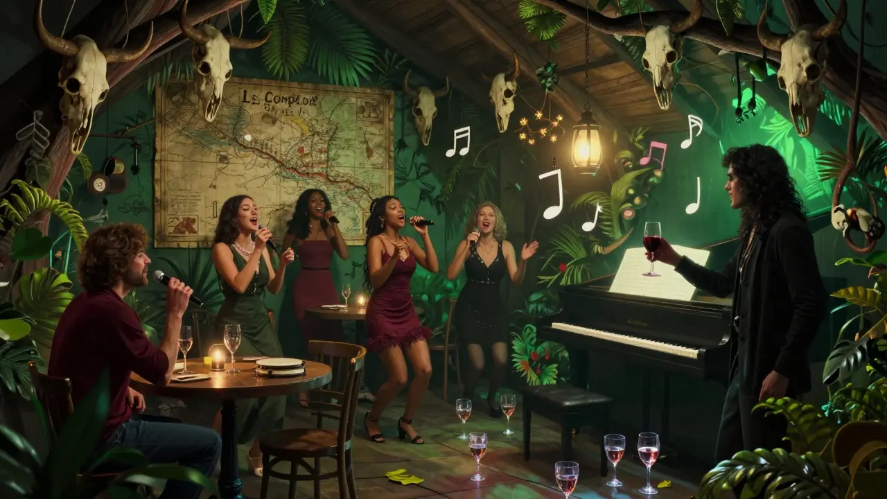 A wild jungle-themed room where people sing karaoke among animal skulls and maps, glowing wine glasses and floating music notes.