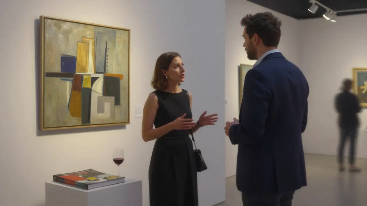 A woman and man discussing art in a private gallery, bathed in soft spotlight.