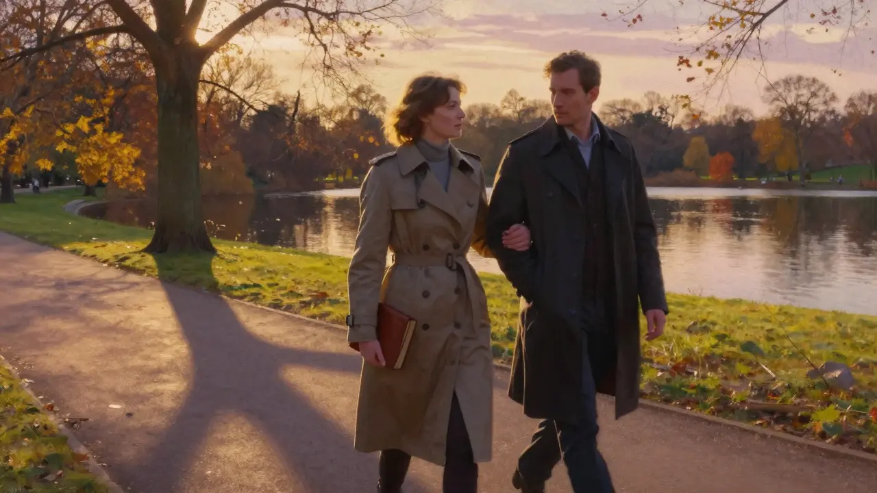 A woman and man walk peacefully through Hyde Park at sunset, side by side, surrounded by golden autumn trees.