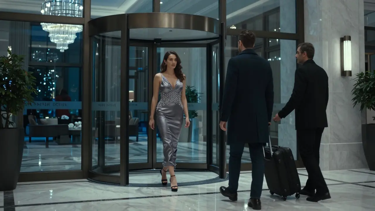 A woman exiting a luxury hotel with a man at night, discreet, professional demeanor, no physical contact.